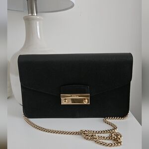 Furla Saffiano Leather Flap Bag with Chain- Onyx